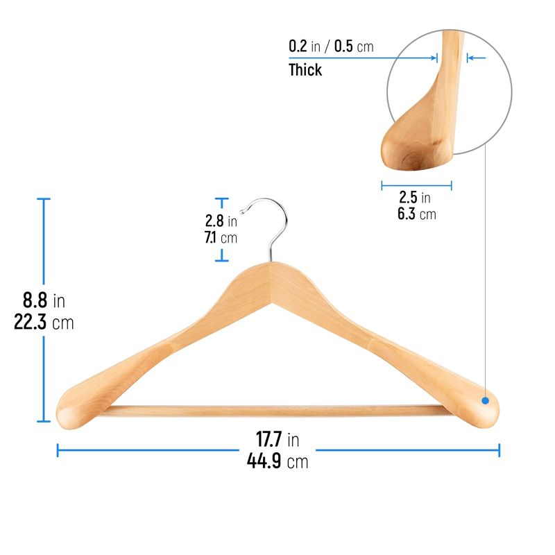OSTO Wide-Shoulder Wooden Coat & Suit Hangers; Ultra-Strong Hanger with Non Slip, Grooved Pant Bar & Swivel Hook, 4 of 5