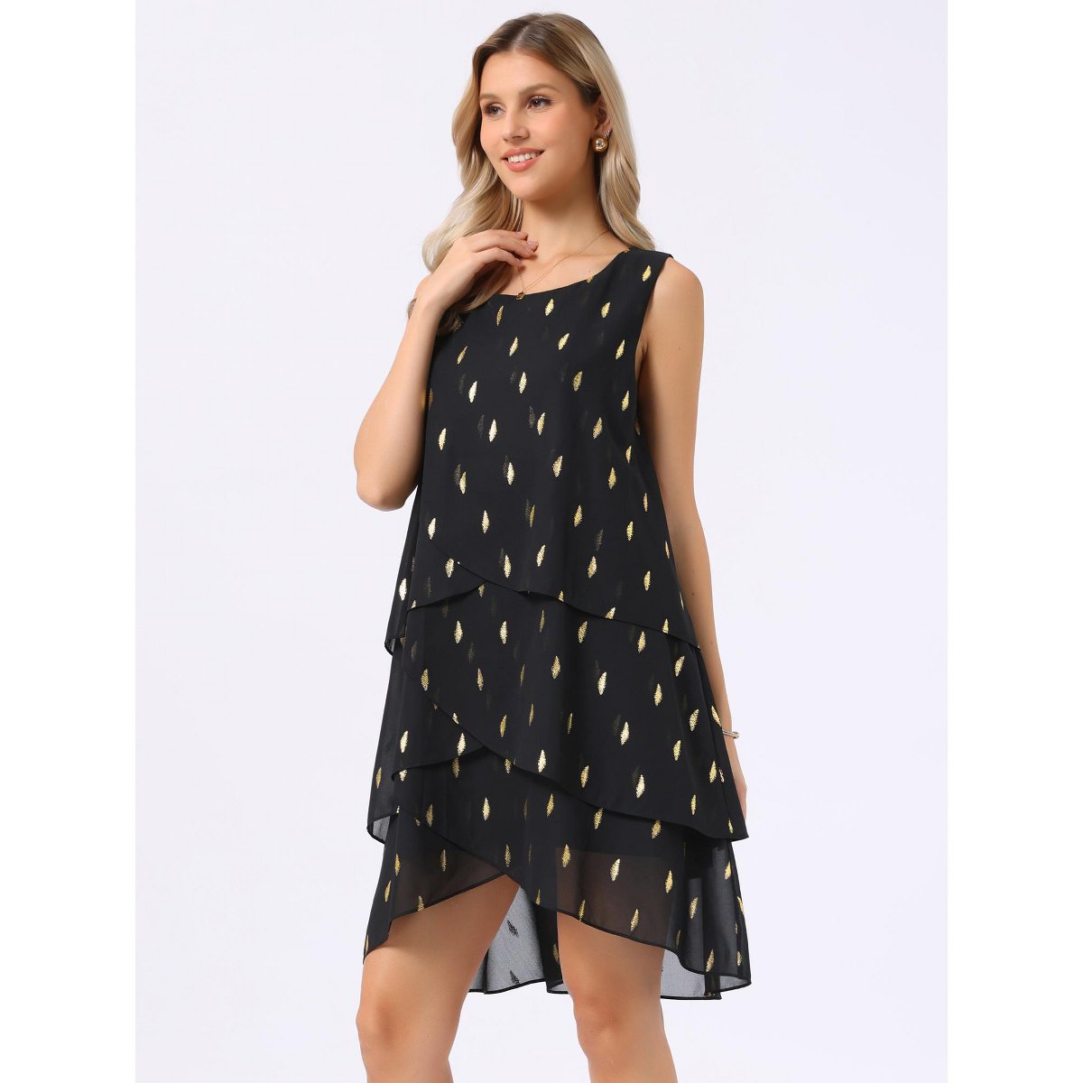 Женские платья INSPIRE CHIC Women's Chiffon Sleeveless Crewneck Metallic Foil Print Tiered Layered Flowy Dress Medium Black — фото 3