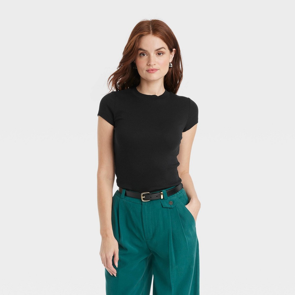 women's slim fit short sleeve ribbed t-shirt - a new day™ black s: cotton modal blend, crew neck, pullover
