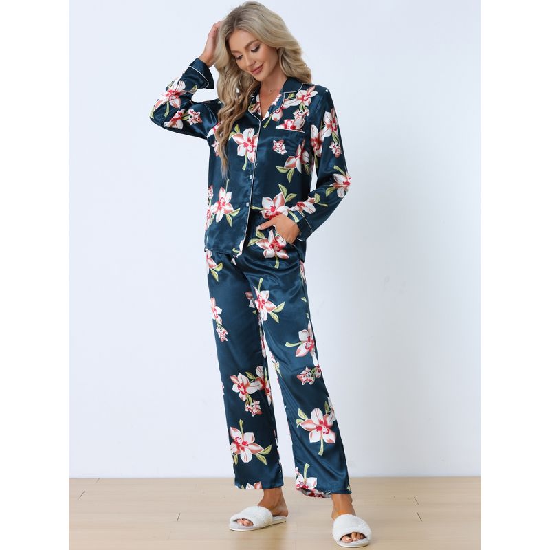 cheibear Women's Satin Silky Floral Button Down Long Sleeve Sleepshirt with Pants 2-Piece Pajama Set, 2 of 6