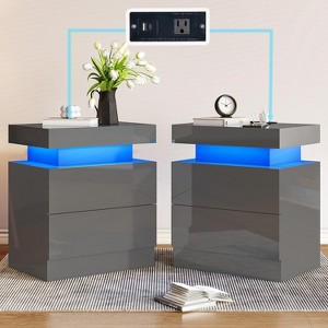 AMERLIFE High Gloss LED Nightstand Set of 2 with Charging Station - 1 of 4
