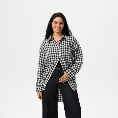 Women's Long Sleeve Oversized Button-Down Shirt - Wild Fable™ Black Gingham