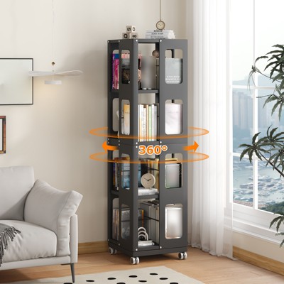 4 Tier Rotating Bookshelf Tower, 360°Display Spinning Bookshelf, Floor Standing Bookcase, Corner Book Shelf for Small Space Bedroom, Living Room