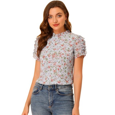 Allegra K Women's Ruffled Neck Chiffon Frill Trim Short Sleeve Floral Print Blouse Tops