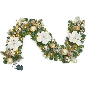 6 ft Pre-Lit Christmas Garland with Timer, 20 Lights, Magnolia & Gold Ornaments, Battery Operated, for Mantel, Stairs, Fireplace, Indoor/Outdoor - 1 of 4