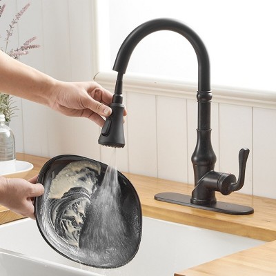 Matte Black Single-Handle Pull-Down Kitchen Faucet with Deck Plate