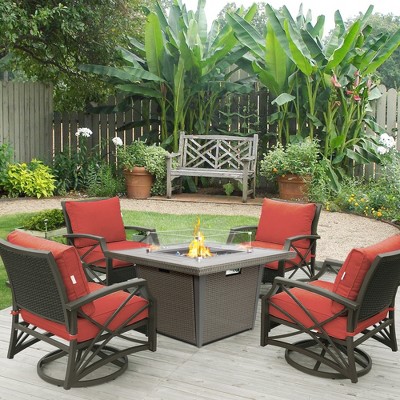 Ethan 5-Piece Red Cushion Aluminum Fire Pit Patio Set