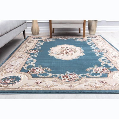 Aubusson Blue and Taupe 5' x 5' Transitional Vintage Area Rug