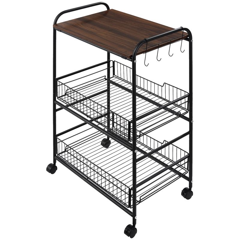 HOMCOM 24" 3-Tier Rolling Kitchen Cart, Utility Storage Trolley with 2 Basket Drawers, Side Hooks for Dining Room, 4 of 7
