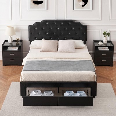 Queen Size Bed Frame with 2 Storage Drawers and Headboard, Upholstered PU Leather Platform Bed with Button Tufted