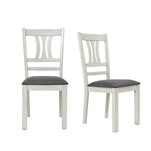 LuxenHome Set of 2 Distressed Off White Rubberwood and Gray Upholstered Seat Dining Chair - 1 of 4