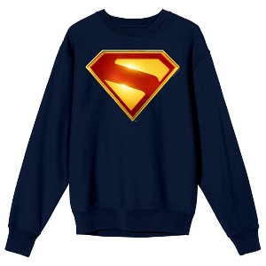 Superman Movie 2025 S Letter inside Diamond Shape, Red and Yellow Emblem, Symbol, Superhero, Power, on Navy Long Sleeve Adult Crew neck - 1 of 2