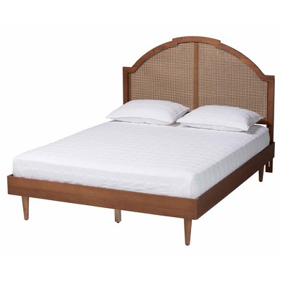 Baxton Studio King Mendel Wood and Rattan Platform Bed Walnut Brown