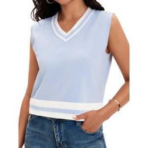 ATHLECHIC Women's Summer Knit Color Block Sleeveless V Neck Loose Fit Preppy Trendy Tank Tops - 1 of 4