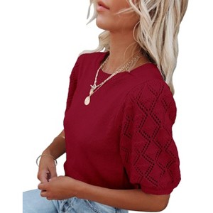Women's Round Neck Short Sleeve Sweater Summer Casual Puff Sleeve Pullover Knit Top - 1 of 3