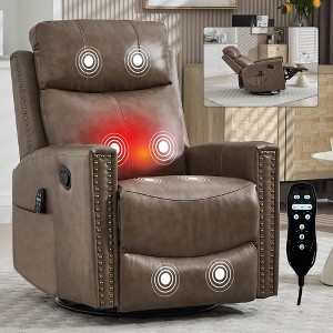 Genuine Leather Manual Recliner Chair with 360° Swivel, Rocking, and Heat Massage for Living Room - 1 of 4