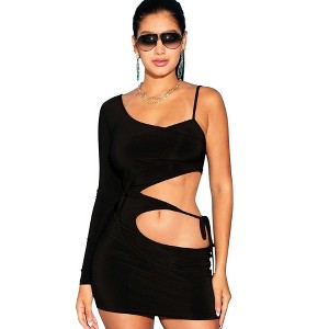 Slickblue Women One Shoulder Waist Tie Dress, Open Stomach Design, Long Sleeve, Evening Dress, Black, Size S-L - 1 of 4