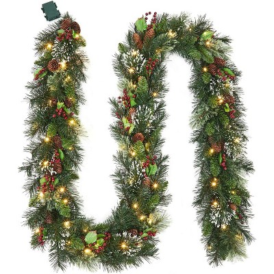 Pre-Lit Frosted Christmas Wreath Set of 6, Christmas Decoration with Pine Cones, Holly Berries