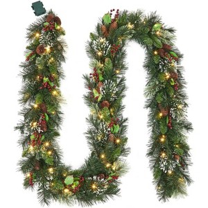 Pre-Lit Frosted Christmas Wreath Set of 6, Christmas Decoration with Pine Cones, Holly Berries - 1 of 4