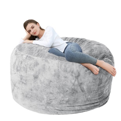 Bean Bag Chair Cover (No Filler), Big Round Soft Fluffy Faux Fur Beanbag Lazy Sofa Bed Cover, Adult Beanbag Chair Outside Cover, Grey, 4ft