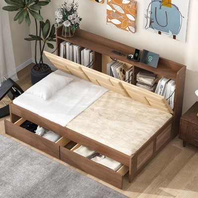 NicBex Twin Size Daybed with Storage Multifunction Daybed with 2 Storage Drawers, Storage Shelves and Charging Ports for Apartment, Wood