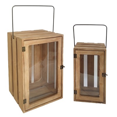 VIP Wood 17.75 in. Brown Wooden Crate Lantern with Glass Set of 2