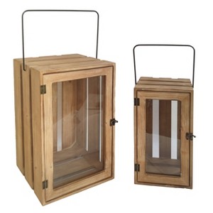 VIP Wood 17.75 in. Brown Wooden Crate Lantern with Glass Set of 2 - 1 of 2