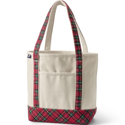 Lands End Tote Bag Double Handle Black Red Plaid Canvas Monogram