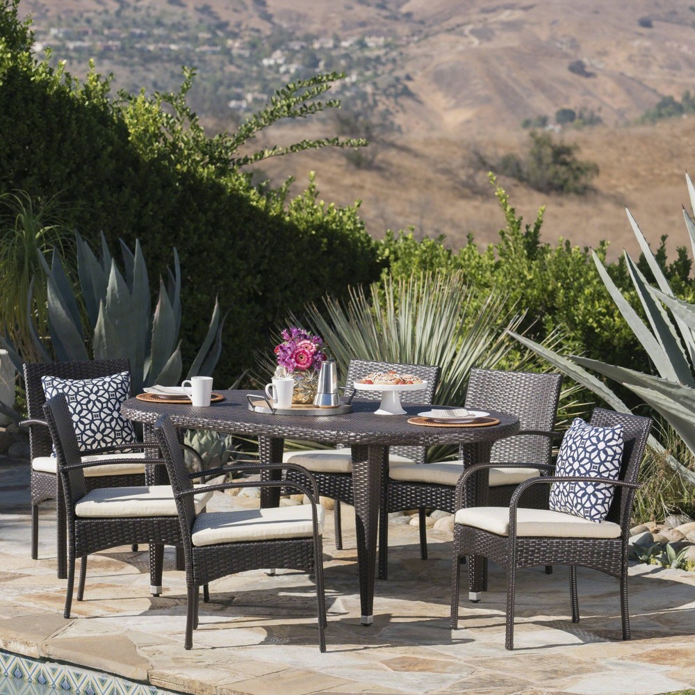 Carter 7pc Wicker Patio Dining Set - Brown/Creme- Christopher Knight Home