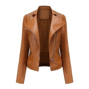 Clearlove Womens Casual Light Studded Shoulder Long Sleeve Cropped Zipper Moto Biker Faux Leather Jacket Coats - 1 of 4
