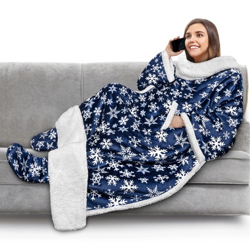 Pavilia Wearable Blanket With Sleeves And Foot Pockets, Fleece Warm Snuggle  Pocket Sleeved Throw For Women Men Adults, Snowflake Blue/faux Shearling :  Target