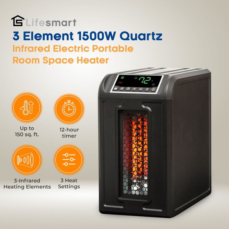 Lifesmart 3 Element 1500W Portable Electric Infrared Quartz Indoor Medium Room Space Heater with Remote Control for a Warm Comfortable Room, Black, 3 of 8