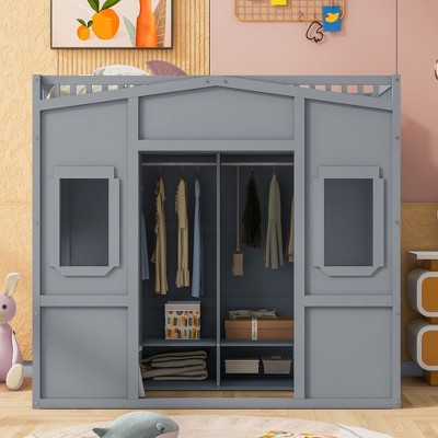 NicBex Twin Size Loft Bed Classic House Shape Pine Bunk Bed Frame with Wardrobe, Windows, Ladder and Guardrail, No Box Spring Required