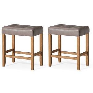 A La Carte Harper Kitchen Stool in Wood Finish with Distressed Brown Vegan Leather, Set of 2 - 1 of 4