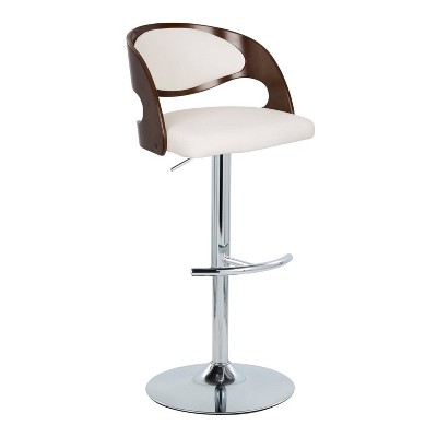 Set of 2 White Faux Leather and Cherry Wood Adjustable Swivel Barstools