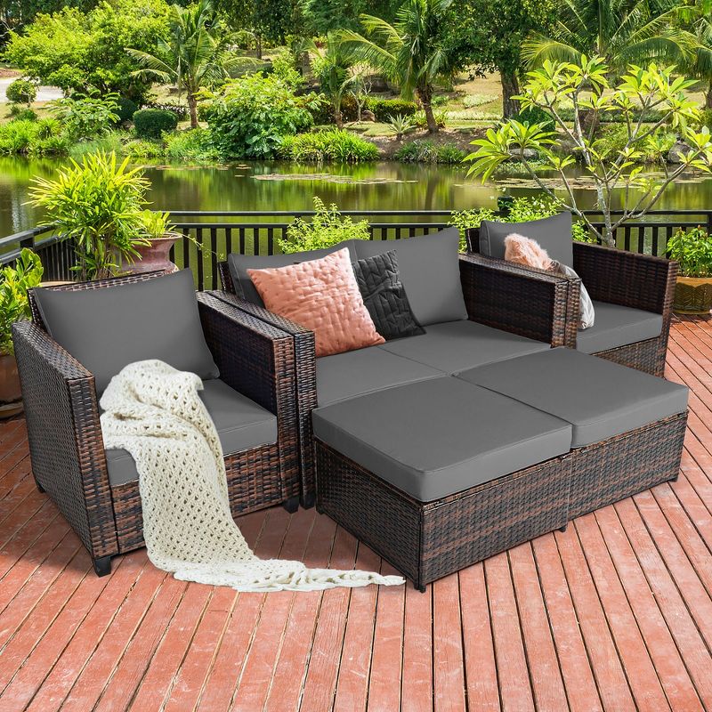 Costway 5PCS Patio Rattan Furniture Set Loveseat Sofa Ottoman Cushioned Red\White, 1 of 10