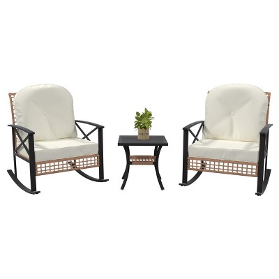 3 Piece Patio Rattan Conversation Set, Outdoor Rocking Bistro Set, Wicker Patio Furniture with Thick Cushions Rocker Chair and 2-Tier Coffee Table