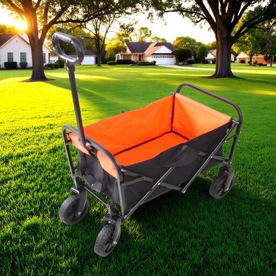 FURNIinspire Wheelbarrows And Lawn Carts Outdoor Mini Folding Wagon Garden Shopping Beach Cart, Lawn Cart With Handle, Black And Orange, 30“*15"*36"