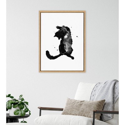 Black and White Cat Print on Canvas with Natural Frame