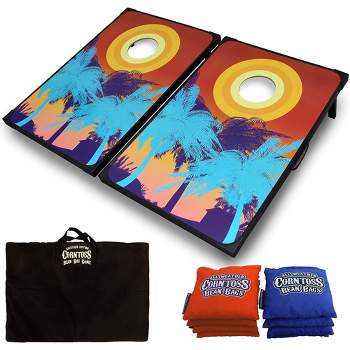 Driveway Games Weatherproof UV-Resistant Lightweight Tailgate Bean Bag Toss Board Cornhole Set w/4 Blue & 4 Orange Bags & Portable Carry Bag, Tropical
