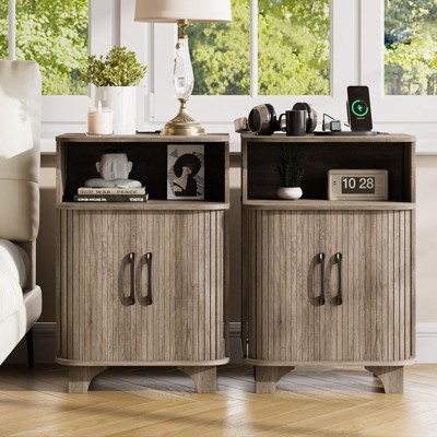 End Table Set of 2, Side Table with Charging Stations and RGB Lights, Grey
