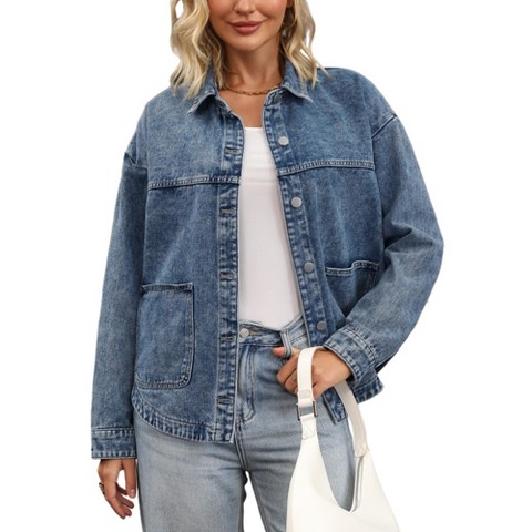 INSPIRE CHIC Women's Denim Long Sleeve Button Down Casual Western Shacket with Pockets Jean Jackets Gray Blue Medium