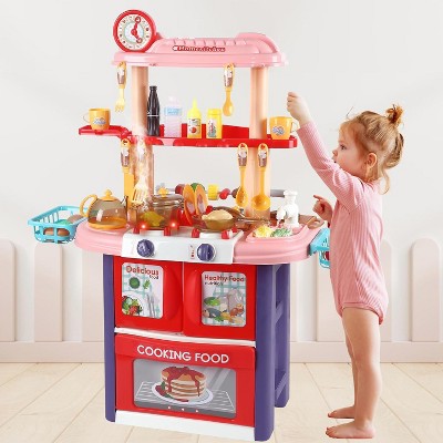 2 in 1 Kids Kitchen Playset & BBQ Grill Set, Toddler Play Kitchen with Realistic Light Sound Steam & Play Sink