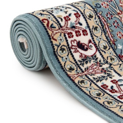 Blue and Beige Floral Square Synthetic Area Rug