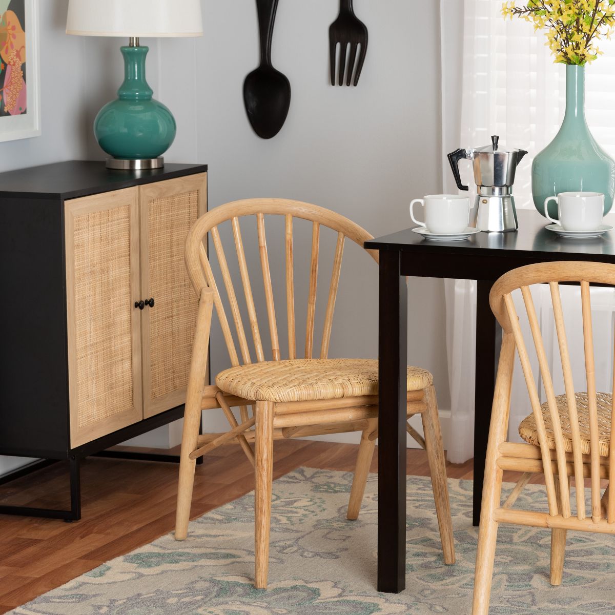 bali & pari Kobe Mid-Century Modern Natural Brown Finished Wood and Rattan Dining Chair