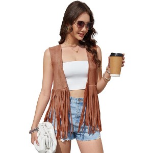 Clearlove Women's Tassel Sleeveless Vest 70s Hippie Faux Suede Fringe Jacket Cardigan - 1 of 4