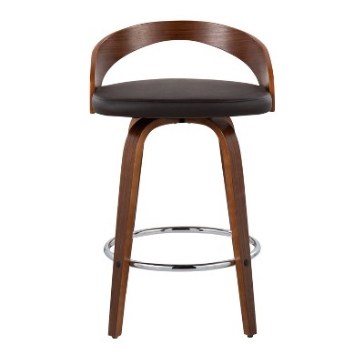 Mid-Century Modern Swivel Leather Counter Stool in Dark Brown