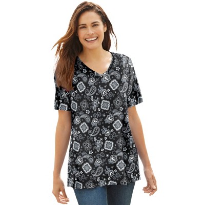 Woman Within Plus Size Perfect Printed Short-Sleeve V-Neck Tee