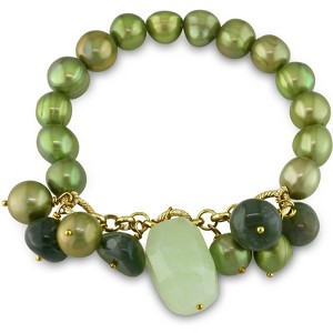 EVERLY JEWELRY | Gold Tone 75 CT TGW 9 - 10 MM Pistachio Pearls and Green Multi-shape Agate Charm Stretch Bracelet, 7-inch - 1 of 1