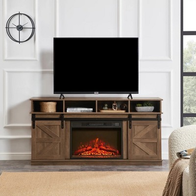 Wooakway 58"L 29.4"H 15.4"D Electric Fireplace TV Stand Console with Barn Door Design Overheating Protection Closed Storage Cabinet for TVs up to 65"